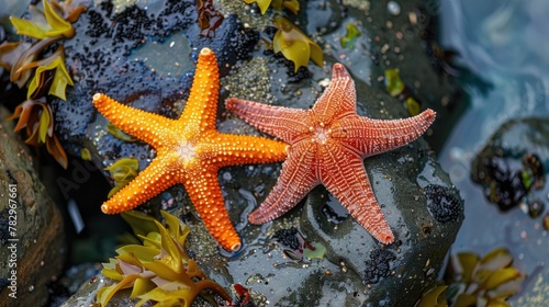 Vibrant Starfish Clinging to Rocky Shoreline in Tidal World