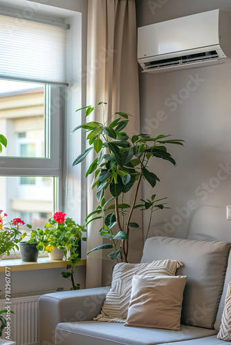 
Modern air conditioner on the wall in the living room with a sofa and potted plants near the window. A cool home summer air concept.