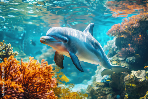 Animals of the underwater sea world. Ecosystem. Colorful tropical dolphin. Life in the coral reef.