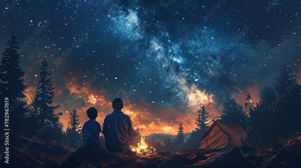 a serene camping scene where a father and child enjoy a majestic night sky filled with stars a serene camping scene where a father and child enjoy a majestic night sky filled with stars
