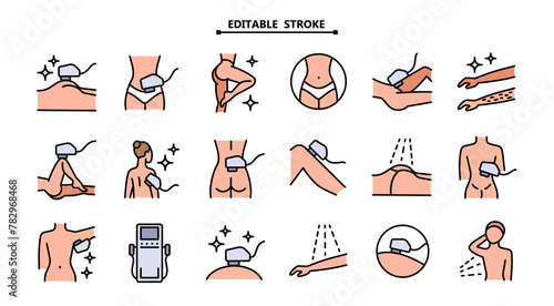 Laser hair removal color icons set. Editable stroke. Outline epilation symbols. Apparatus, equipment. Vector illustration isolated on white.