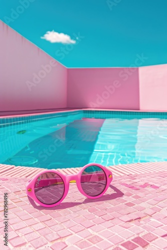 Pink sunglasses resting by a pool, perfect for summer vibes © Fotograf