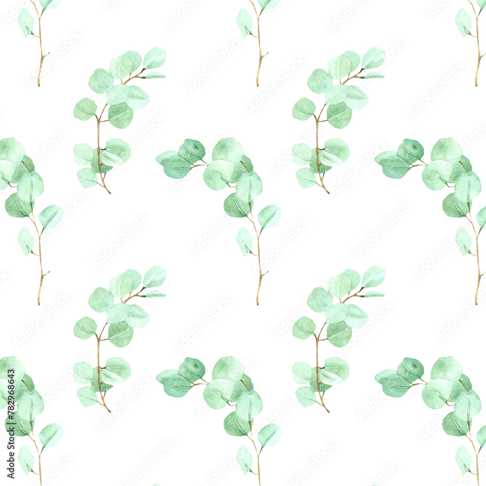 Watercolor seamless pattern. Design with leaves eucalyptus, herbs. botanic Template
