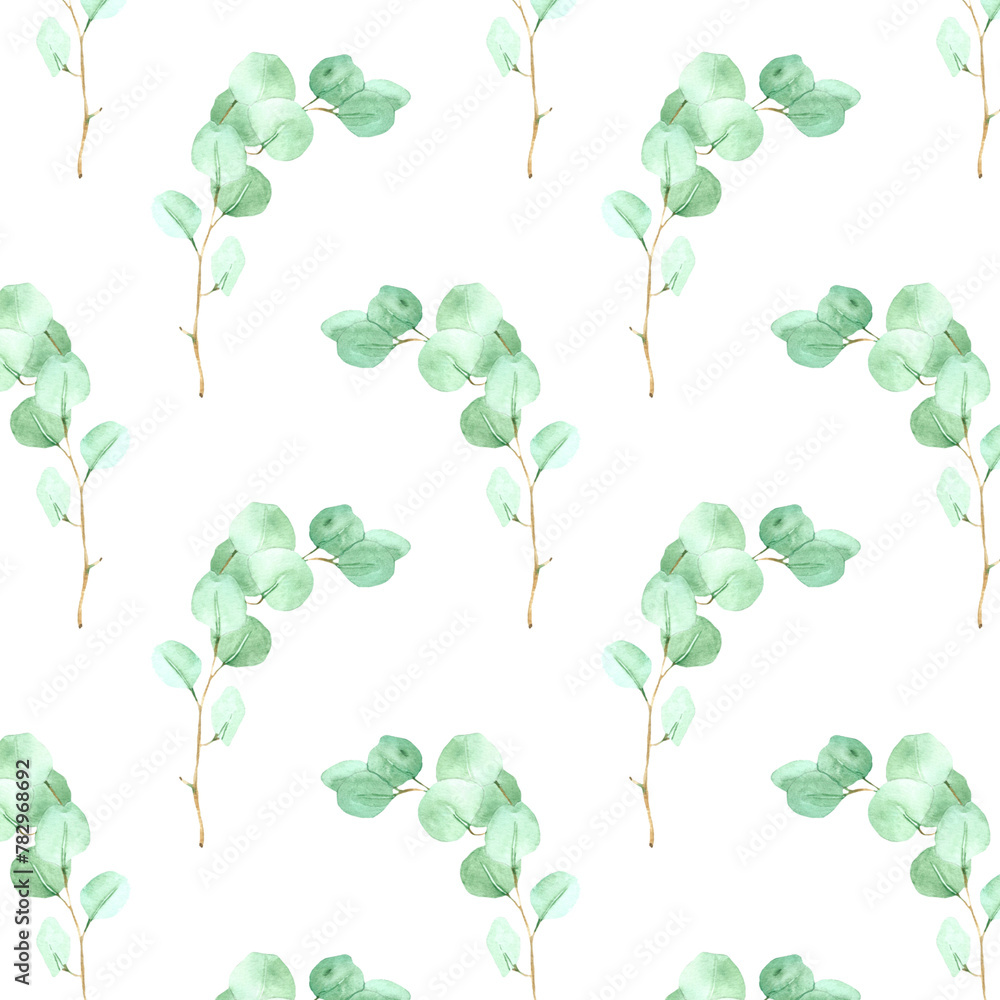 Watercolor seamless pattern. Design with leaves eucalyptus, herbs. botanic Template