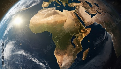 A photorealistic image showcasing the continent of Africa illuminated by a breathtaking sunrise from the edge of space with clouds and atmosphere. photo