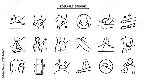Laser hair removal line icons set. Editable stroke. Outline epilation symbols. Apparatus, equipment. Vector illustration isolated on white.