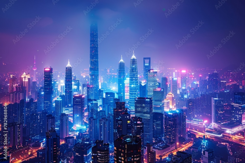 A cityscape at night with illuminated skyscrapers, symbolizing the vibrant energy of the business world