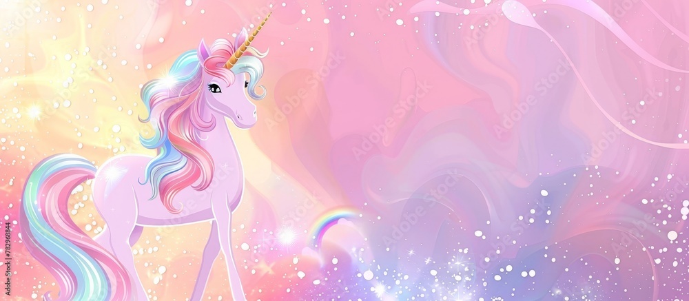 Fototapeta premium Majestic mythical creature with a vibrant rainbow mane standing elegantly against a soft pink backdrop