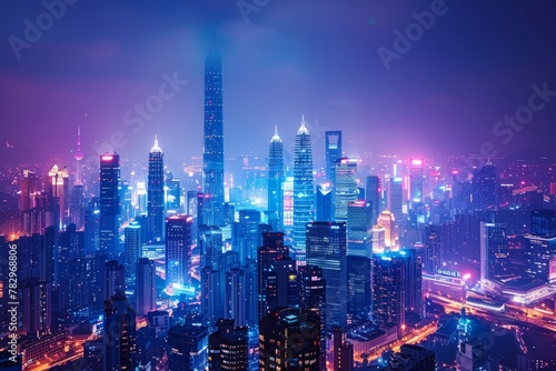 A cityscape at night with illuminated skyscrapers, symbolizing the vibrant energy of the business world © Atthasit