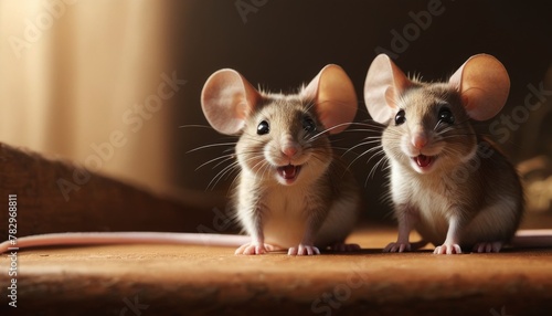 Two friendly mice with large ears and expressive faces share a smile in a warmly lit setting © video rost