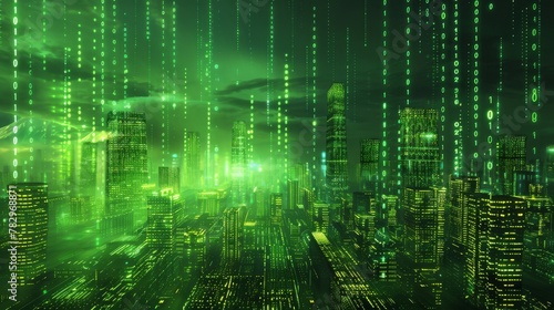 Digital cityscape of green lights, digital advancement technology.
