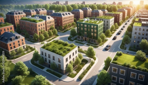 A sustainable urban neighborhood with modern apartment buildings and green rooftops, designed with walkways and lush landscaping, in bright daylight. AI Generation photo