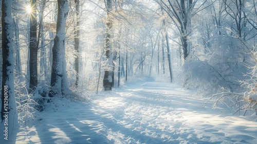 A snowy path through a forest, perfect for winter designs