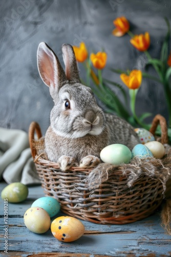 A cute rabbit sitting in a basket filled with colorful eggs. Perfect for Easter celebrations