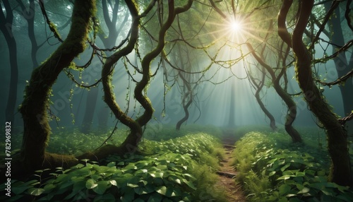 Sunlight filters through a mystic forest, illuminating a path lined with verdant foliage and whimsically twisted trees.. AI Generation photo