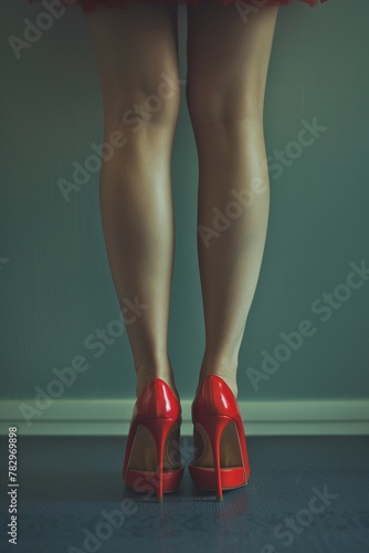 A hyper-realistic close-up of slender legs in fiery red pumps, photographed from a rear view with a cool grey background.