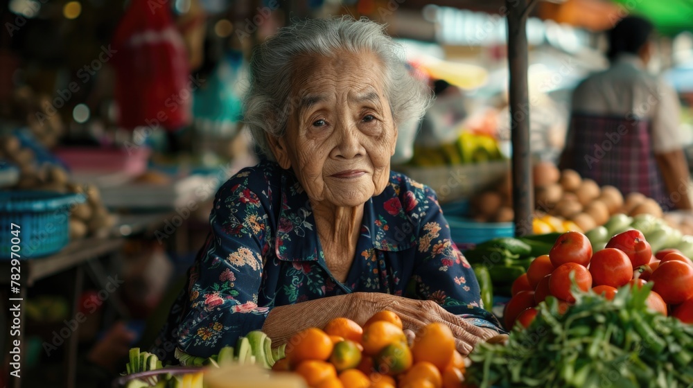 Elderly woman sitting at a table surrounded by fresh vegetables, suitable for nutrition or healthy lifestyle concepts