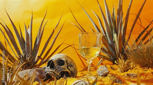 Tequila in glass and skull among cacti