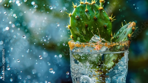 Tequila with ice and cactus in glass