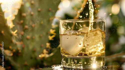 Tequila with ice on background of cactus
