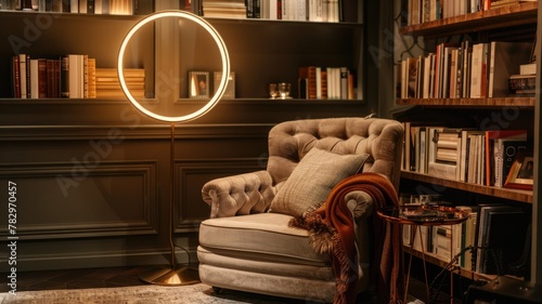 cozy reading nook in the evening, featuring a classic wingback chair and a modern circular floor lamp © Anna