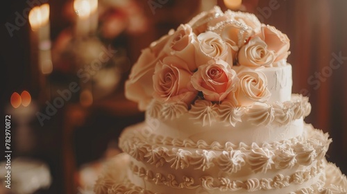 Elegant wedding cake with beautiful roses decoration. Perfect for wedding and celebration concepts