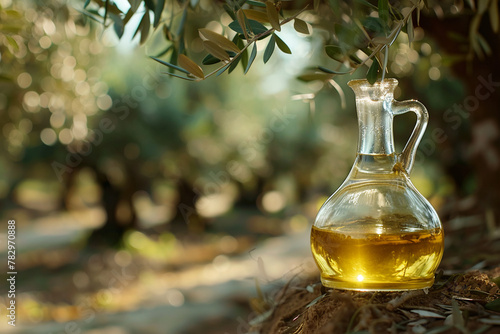 Golden olive oil in glass jug amidst sunlit grove. Mediterranean healthy food photo