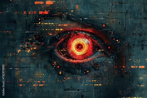 A close-up of a vintage propaganda poster with two concentric red circles, like watchful cyborg eyes, emanating a faint light in the darkness.

