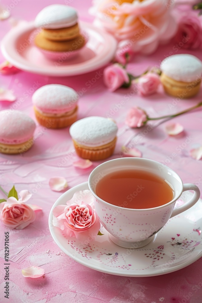 A cup of tea on a saucer next to delicious cupcakes. Ideal for food bloggers or bakery promotions A cup of tea on a saucer next to delicious cupcakes. Ideal for food bloggers or bakery promotions