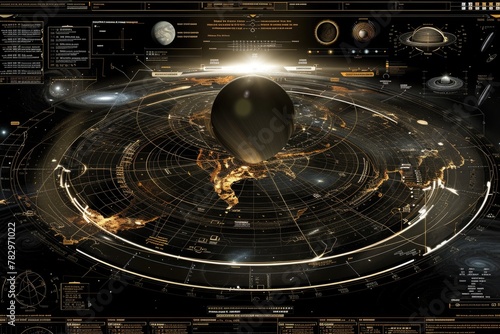 A dark themed futuristic user interface with a 3D globe in the center and various data visualizations and readouts.