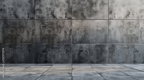 Grey background with a window letting in natural light. Wide, blank concrete wall and floor.