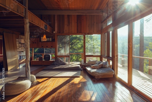Serene abode, wooden details, clear daylight, relaxed setting, birda  seye view photo