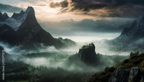 Misty dark scene with incredible landscape. Big mountains, foggy forest.