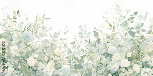 Watercolor  light green and white  delicate flowers and plants pattern