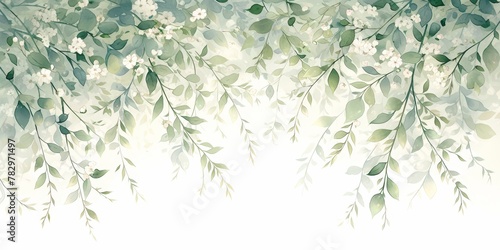 Watercolor  light green and white  delicate flowers and plants pattern 