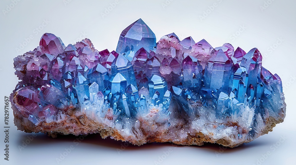 A cluster of blue and purple crystals on a white background. A cluster of blue and purple crystals on a white background.