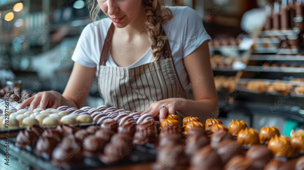 Woman chocolatier in an apron and black food gloves making artisan homemade bonbon chocolate. Baker or chocolatier preparing chocolate bonbons. World chocolate day concept. Generative ai