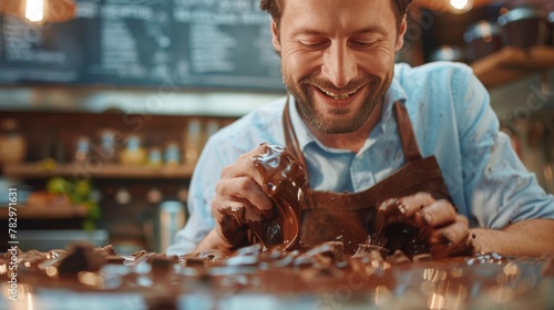 Man chocolatier in an apron and black food gloves making artisan homemade bonbon chocolate. Baker or chocolatier preparing chocolate bonbons. World chocolate day concept. Generative ai