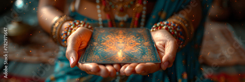 A young woman's hands gently shuffle a deck of vibrant tarot cards, channeling mystic energies
