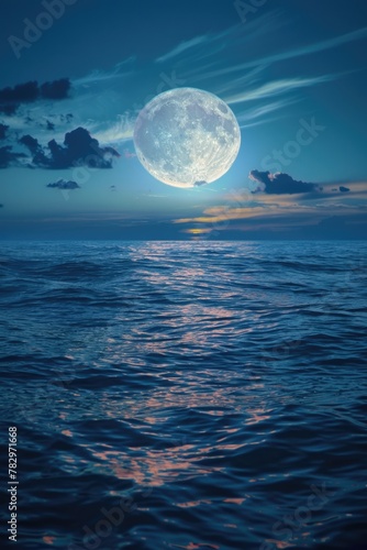 A stunning view of a full moon rising over the ocean at night. Perfect for nature and astronomy concepts