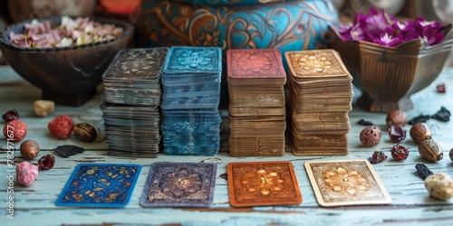 Tarot deck set for mystical predictions, imbued with symbols, occult patterns, and vintage charm