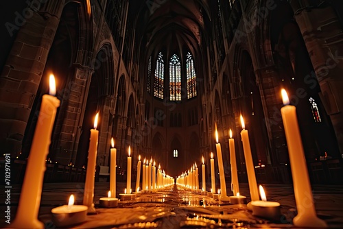 Gothic cathedral lit by hundreds of candles mystical ambiance photo