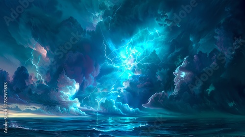 Dramatic Stormy Seascape with Vibrant Lightning Strike  Surreal Ocean Artwork for Creative Projects and Design. Mystical Marine Scene. AI