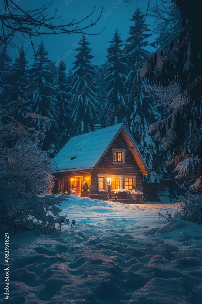 A cozy cabin illuminated in the snowy night, perfect for winter concepts A cozy cabin illuminated in the snowy night, perfect for winter concepts