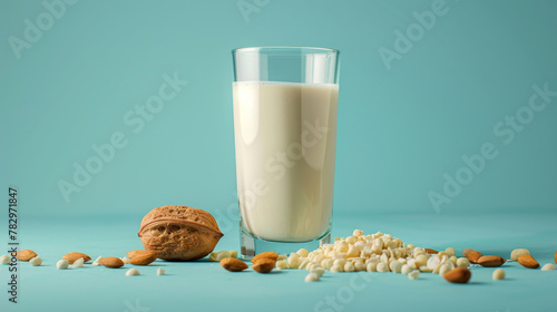 Vegan non dairy milk splash with almonds and nuts, Alternative healthy food and drink, Plant based eco organic product concept. Generative ai photo