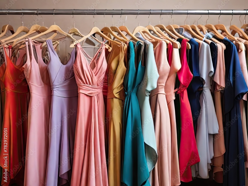 Many colorful elegant formal braw for sale in luxury modern shop boutique. . Dress rental for various occasions and event