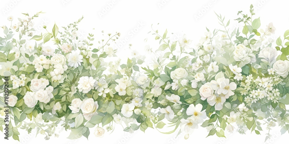 Watercolor floral background, soft light green and white colors, elegant wild flowers and leaves