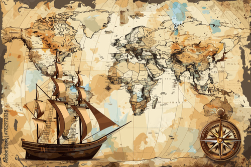 Vintage world map with compass and old sailing ship, symbolizing travel, adventure, and global exploration