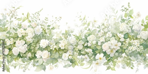 Watercolor floral background, soft light green and white colors, elegant wild flowers and leaves