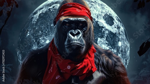 A gorilla wearing a red bandanna photo
